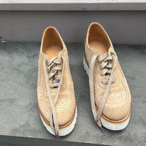 Women’s Beige Suede Wingtip Lace-Up Platform Boots